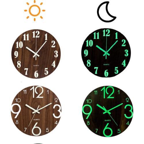 30cm Luminous Silent Wooden Wall Clock Glow in the Dark Non-ticking Living Room Bedroom Table Clock with Stand
