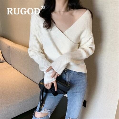 RUGOD 2019 New Women Sexy Knitted Sweater Cross V-neck Off-shoulder Long Sleeves Slim Sweater Chic Temperament Streetwear Coat