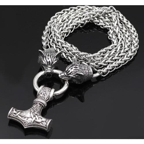 Viking Raytheon Hammer Pendant Necklace Titanium Steel Wolf Head Chain Necklace Punk Nordic Jewelry Dropshipping