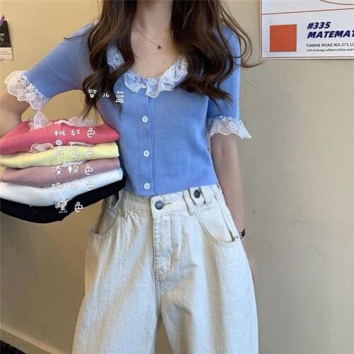 Woman TShirts Summer Lace Stitching V-neck Knitted Cardigan Top T-shirt with Short Sleeves Women Crop Top Mujer Camisetas