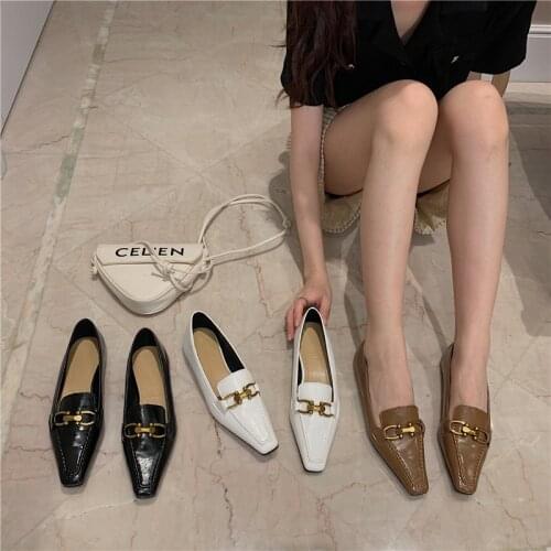 Bailamos Women Flats Brand Design Metal Buckle Shoes Pointed Toe Slip On Flats Low Heel Casual Loafers Ballet Shoes