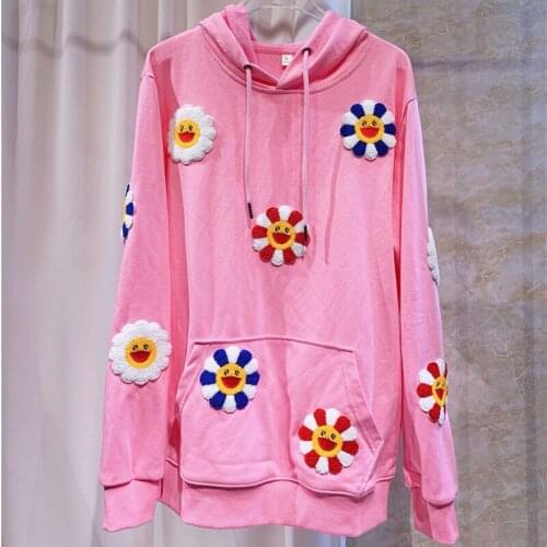 College style Sunflower smiley face patch embroidery fashion cotton girls women sweetshirts sudaderas con capucha