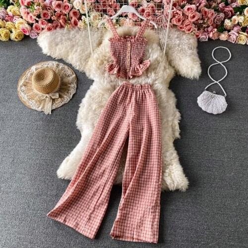 Ladies Fashion Plaid Two Piece Suit Sexy Camisole Slim Top And Wide Leg Pants New 2021 Summer Casual Vintage Women Set Korean