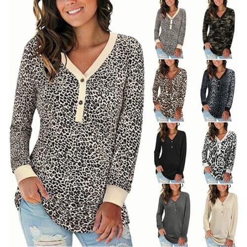 2021 Autumn Women V-Neck Button Leopard Print Pullover T Shirt Casual Ladies Long Sleeve Plus Size 3XL Tops Tee Fashion Clothes
