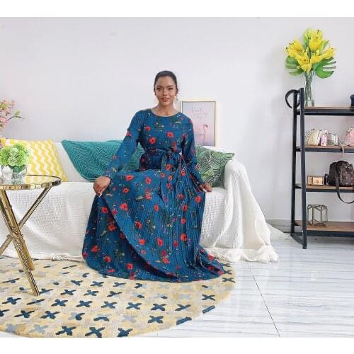 Fashion Women Lady Long Sleeve Long Dress Full Length Robe Muslim Islamic Print Pleated Dress