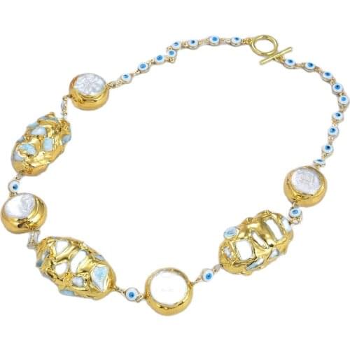 JK White Coin Pearl Blue Larimar Gold Plated Enamel Evil Eyes Chain choker Necklace For Women