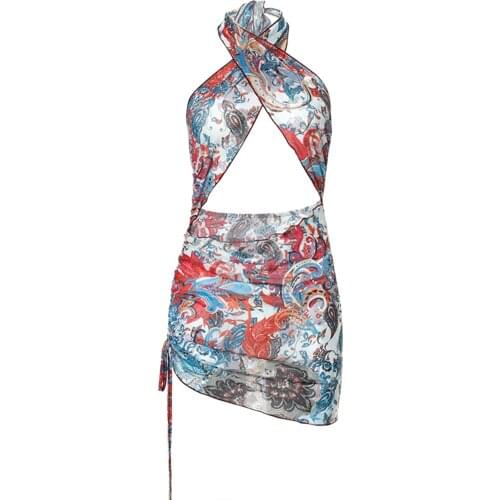 Women Sexy Dress, Red Printed Pattern Criss Cross Neck Sleeveless , S/ M/ L