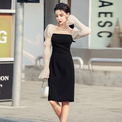 2021 Women spring Autumn Temperament Dress Mid-length Net yarn Splice Long sleeve Backless Dress Women Party Fashion Dress