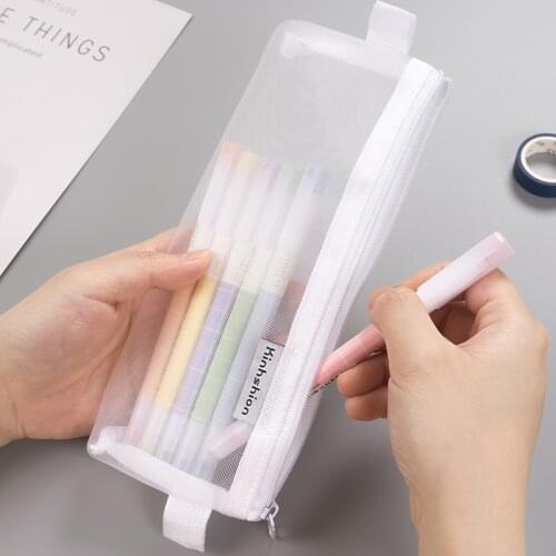 1pcs White Storage Bag Pencil Case Mesh Pencil Bag For Kids Girls Gift Office School Supplies Stationery Nylon Pencilcase