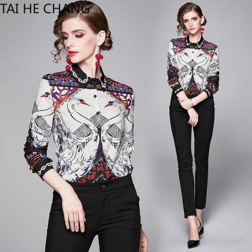 2019 New Tops Summer Fashion Retro Casual Shirt Long Sleeve Print Vintage Work Office Blouses Shirts Women