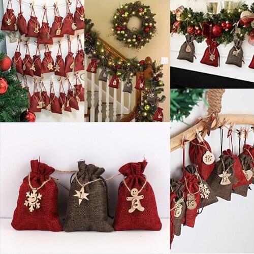 24PCS Christmas Advent Calendar Countdown Bag Hanging Candy Gift Sacks Pouch With Clips Stickers Rope Home Christmas Decoration