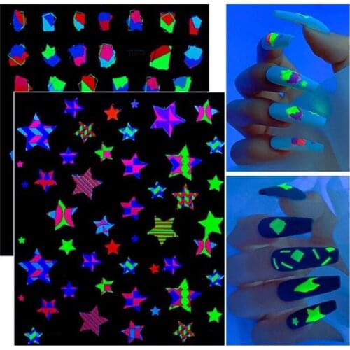 5PCS Luminous Nail Art Decoration Sticker Paper Waterproof Self Adhesive Decals Stars Flower Geometry Design Glow In The Dark