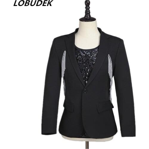 Male Singer Concert Chain Tassel Blazer One Button Black Slim Fringe Suit Jacket Slim Coat Bar Nightclub Performance Costume