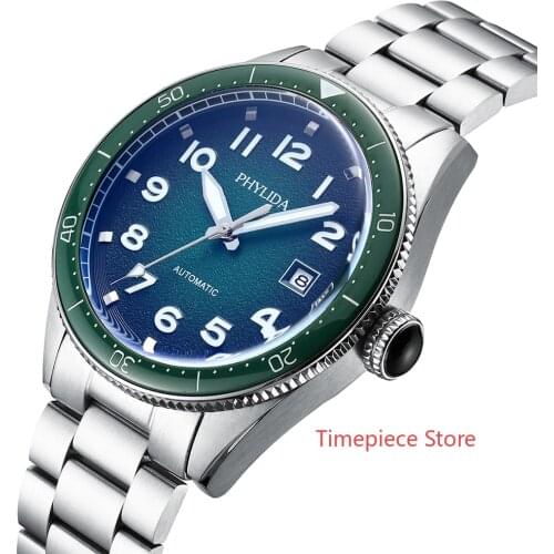 PHYLIDA Luxury Business Sport 50M Waterproof Mechanical Wristwatch Green Dial&Bezel Automatic Watch Solid SS Green Luminous