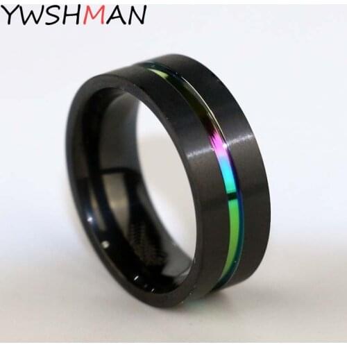 Black Titanium Stainless Steel Simple Ring Wedding Band 8mm Colorful Rainbow Couple Ring