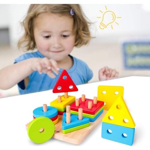 Baby Toys Educational Colorful Wooden Geometric Sorting Board Montessori Kids Educational Toys Stack Building Puzzle Child Gift