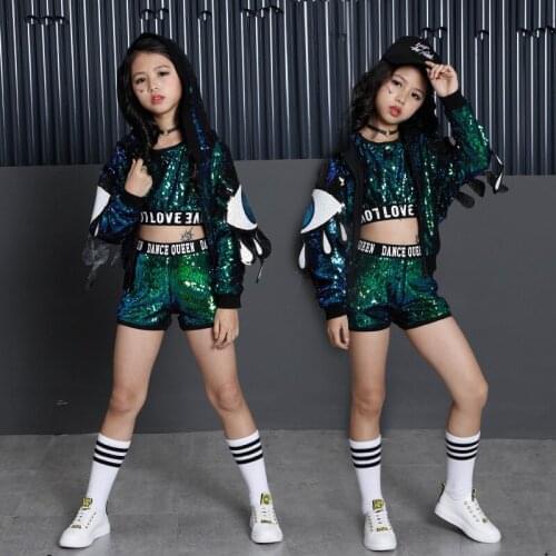 Sequin Kid Hip Hop Costumes for Girls Hoodies Jacket Crop Tank Top Shirt Shorts Jazz Dance Costume Ballroom Dancing Clothes Wear