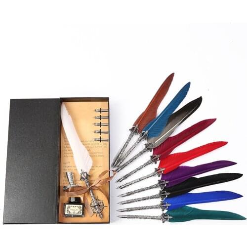 European retro long goose feather rod feather pen pen + five replacement nib + one bottle of ink + one pen holder