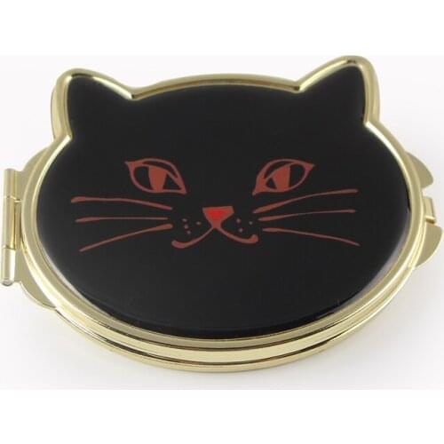 Black Cat Face Red Eyes Compact Mirror Gold Metal Dual Side Makeup Mirror for Wedding Gift
