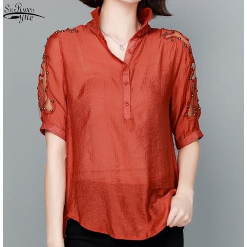 2021 Summer Trend Women Blouse Short-sleeved Solid Comfort Plus Size Lady Shirt Loose Hollow Thin Shirt Female Blusas Mujer15763