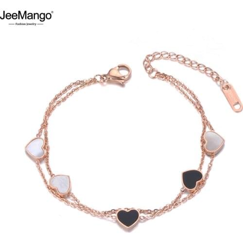 JeeMango Double Layers White/Black Shell Heart Charm Bracelet Bangle Stainless Steel Bohemia Chain Link Bracelets JB19072