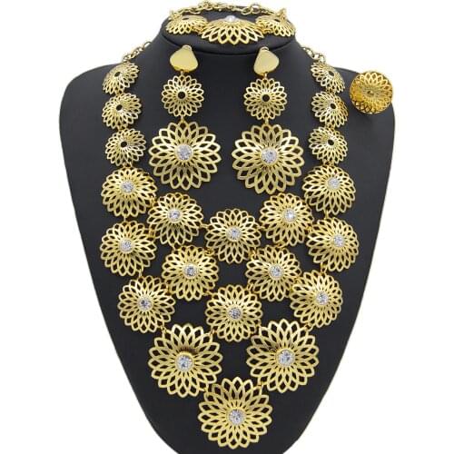 Yulaili Fashion Dubai Gold Jewelry Sets Flower Shape Pendant Necklace Earrings Bracelet Ring for Women Party Wedding Jewellery