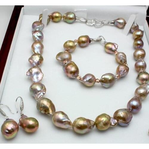 Set of 13-18 mm nature baroque pearl necklace 18inch bracelet 7.5-8 inch earring