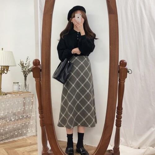 New Harajuku Long Skirt Korean grey Plaid Skirt Women Zipper High Waist School Girl Pleated Plaid Skirt vintage Long Skirt