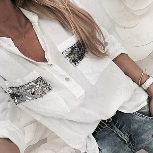 2021 New Women White Blouse Long Sleeve Button-Down Low Cut Blouse White Casual Shirt Tops Fashion Clothes