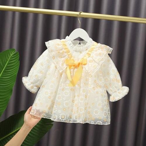 Autumn New Baby Girls Sweet Bow Long-Sleeved Mesh Dress Fashion Temperament Fluffy Flower Princess Dress Kids