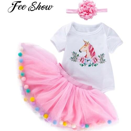 Infant Baby Girls First 1st birthday 3pcs Outfits Princess Print Romper Tops+Rainbow Tutu Skirt+Headband Summer Baby Clothes Set