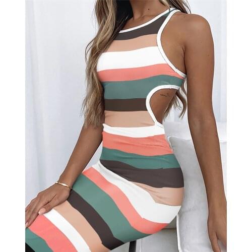 Stripe Print Hollow-Out Backless Buttock Wrapped Sleeveless Womens Midi Dress Summer Ladies Elegant Party Sexy Bodycon Dresses