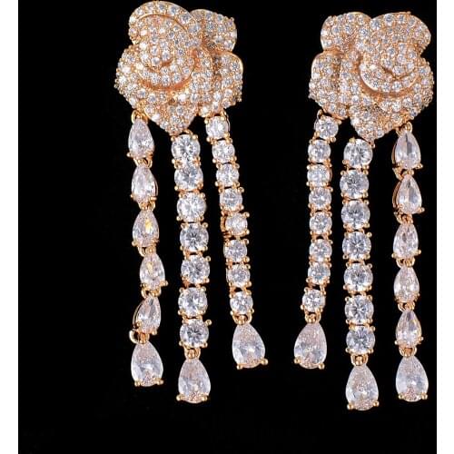 Blachette Luxury Trend Flower Pierced Cubic Zirconia Long Tassel Dangle Drop Earrings For Women Girls Daily Party Anniversary