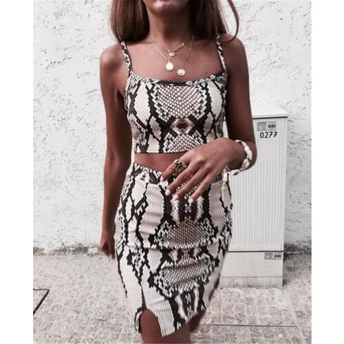 Sexy Two Piece Set Vintage Snakeskin Print Outfits Women Sets ClothesBandage Crop Tops Skirts Summer Party Clothing Outfits