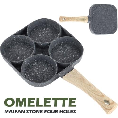 4 Holes Omelette Pan Non-stick Coating Egg Burger Frying Pan Cooking Pot W/Wooden Handle For Breakfast Eggs Ham Pancake Maker