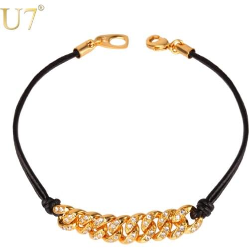 U7 Leather Bracelet Men Jewelry Gold Color Link Chain Rhinestone Leather Mens Bracelets Wholesale H636