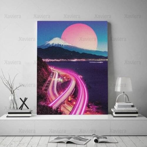 Japanese City Landscape Canvas Painting Steam Wave Pink Neon Light Cyberpunk Wall Art Posters Modern Bedroom Decoration Murals