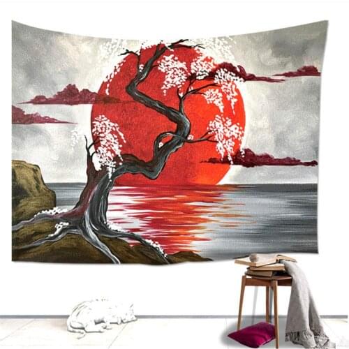 Japanese Lake Crimson Moon Sakura Cherry Tree Tapestry Custom