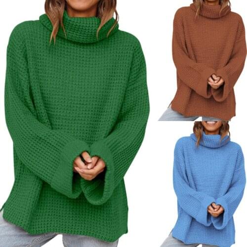 Women Autumn Sweater, Solid Color Loose High Collar Long-Sleeves Knitted Turtleneck Pullover Tops for Girls, 3 Colors