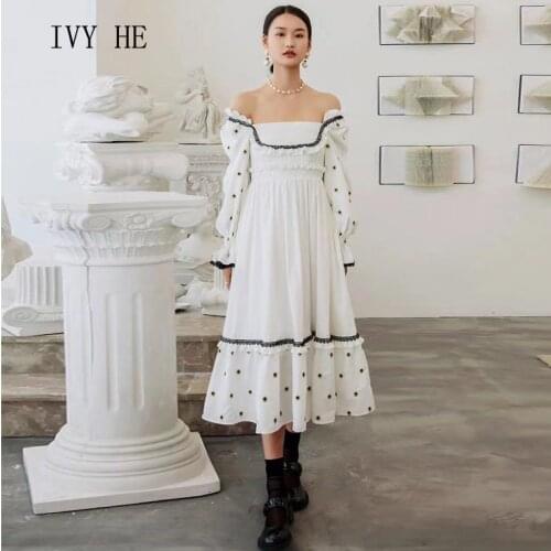 IVY HE High Quality Autumn Dress Woman Clothing Sweet Slash Neck Lace Embroidery Pleating Sexy White Party Long Dresses Traf ZA
