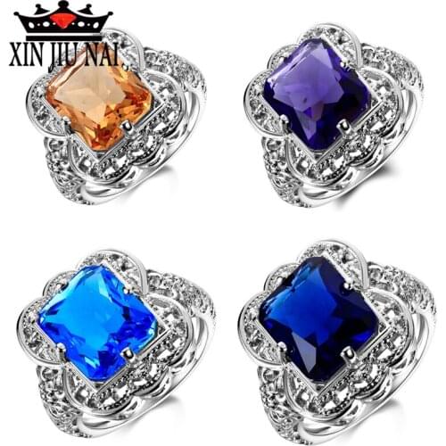 Geometric Square Crystal Women Color Blue/Purple/Champagne Zircon Wedding Retro Exaggerated Party Palace Ring Jewelry