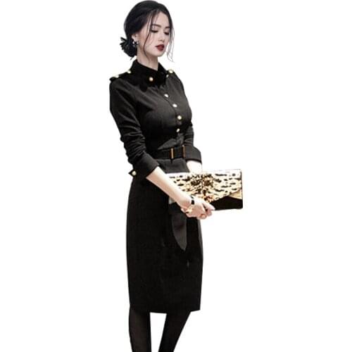 Black autumn tight formal Dress one piece korean ladies Sexu long Sleeve Stand cabaret Party Office bodycon Dresses for women