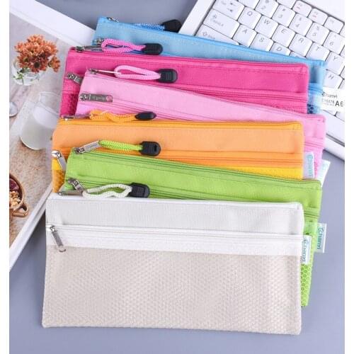 300pcs/lot Pencil Pouch Case Zipper File Stationery Bag canvas Mesh Window Pencil Bag Multicolor 231mmx115mm wholesale