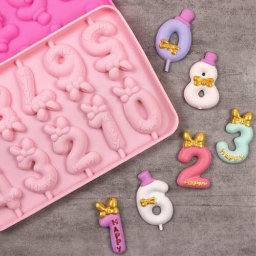 3D Numbers 0-9 Lollipop Mold Birthday Cake Topper Cheese Stick Mould for Kitchen Baking Party Silicone Fondant Decor 1PC/SET