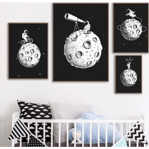 Astronaut Telescope Moon Black White Nordic Posters And Prints Wall Art Canvas Painting Cartoon Wall Pictures Kids Room Decor