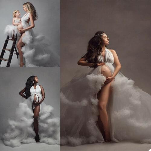 White Maternity Women Tulle Dresses Party Prom Gowns V Neck Train Photo Shoot