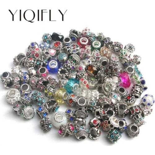 Free shipping 50pcs mix color & style rhinestone big hole charms crystal glass beads fit European Pandora charms bracelet DIY