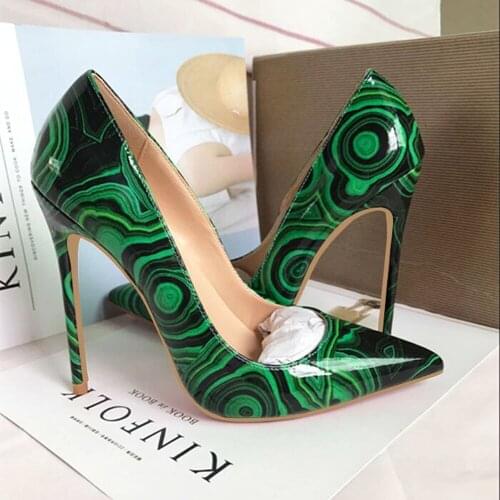 Black green printed party wedding shoes ladies pumps womens high heels shoes fashion 12cm stilleto pointed toe QP015 CHENSIR9