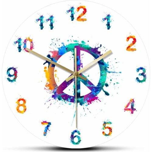 Peace Symbol In Watercolor Splashes Decorative Wall Clock Peace and Love Home Decor Hanging Silent Wall Watch Housewarming Gift
