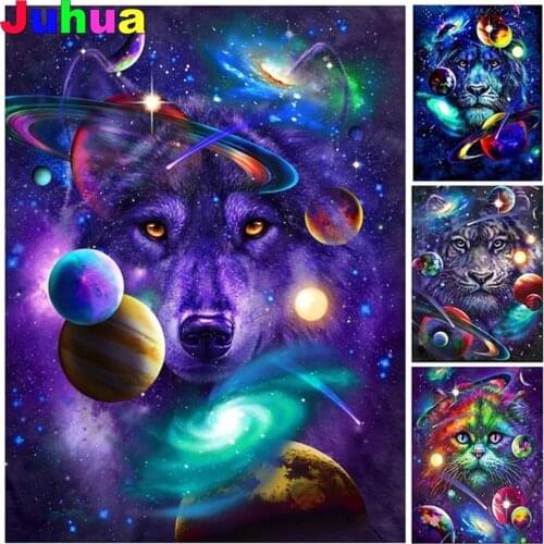 Planet wolf diy diamond painting full square round space animal tiger lion diamond embroidery stitch cross mosaic home decor